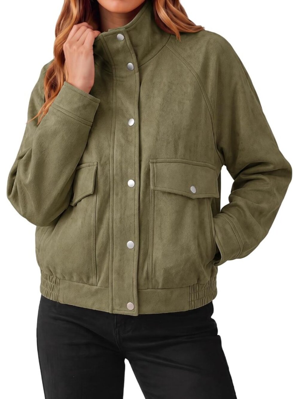 Women Olive Green Faux Suede Flap Pockets Stand Collar Zip-Up Bomber Jacket